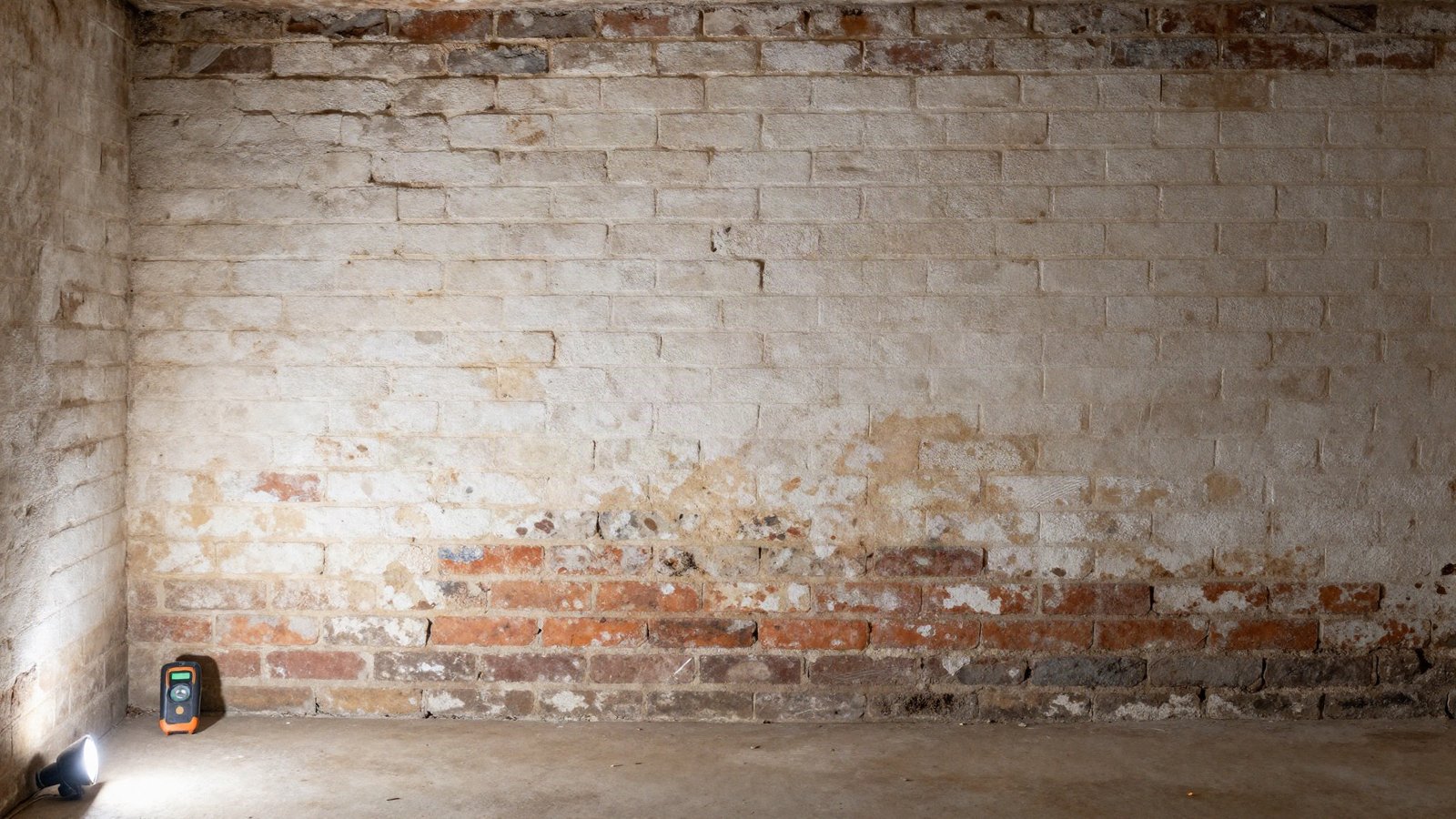 Torch beam revealing dark mould patches and white salt deposits on a brick cellar wall in a UK home
