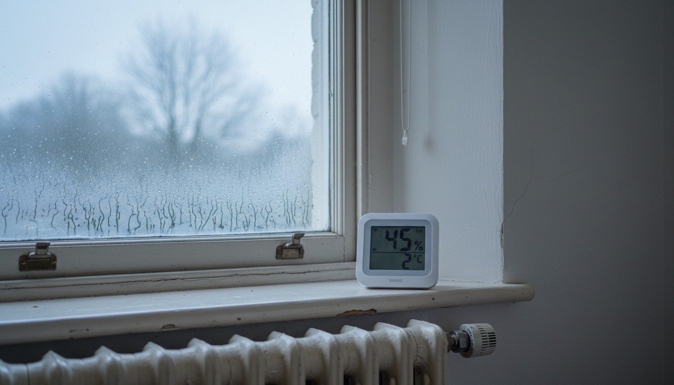 A digital hygrometer on a windowsill beside a sash window with condensation on the glass in a Victorian terraced house