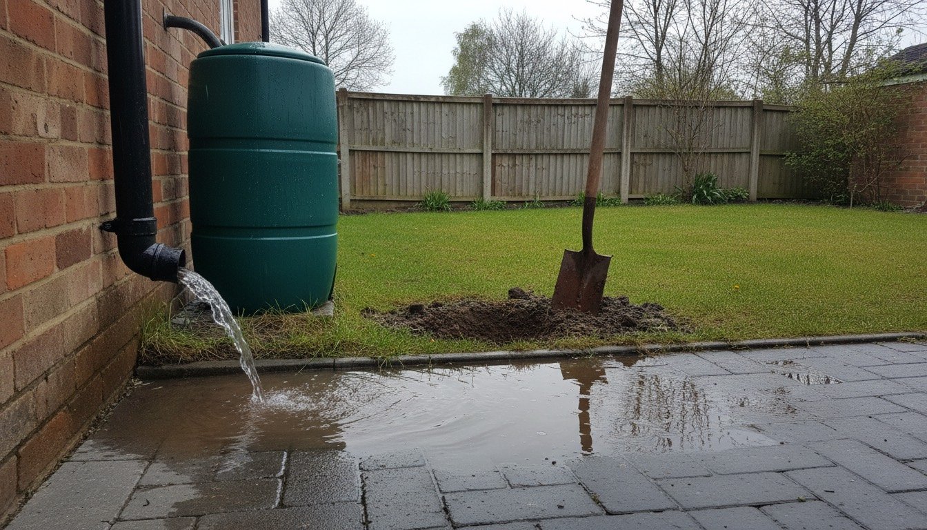 A waterlogged back lawn in a UK garden with standing water beside a patio and a rainwater downpipe discharging onto the grass