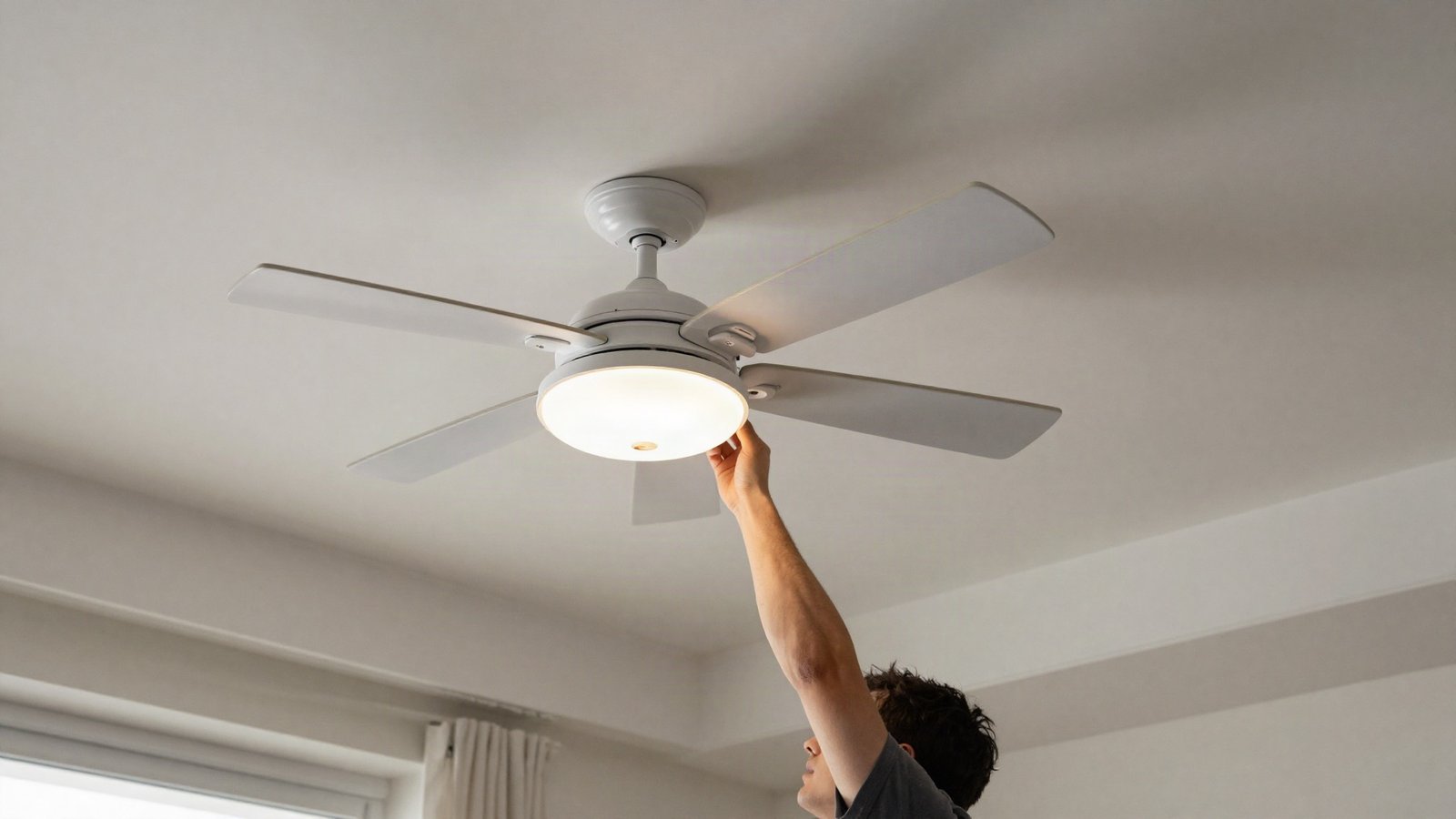 Person on a step platform fitting a white ceiling fan with integrated light to a UK living room ceiling
