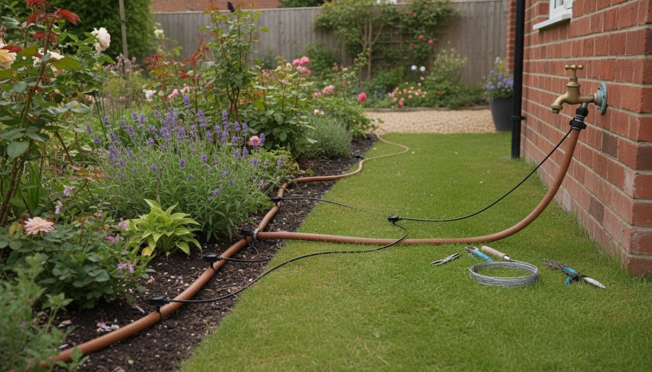Brown drip irrigation supply pipe with drippers and micro tubing laid along a flower border in a UK back garden