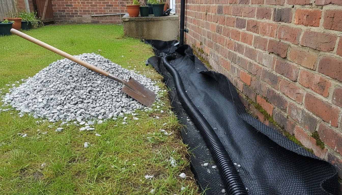 An open drainage trench lined with geotextile membrane beside the brick rear wall of a Victorian terraced house, with perforated land drain pipe and washed gravel ready to go in