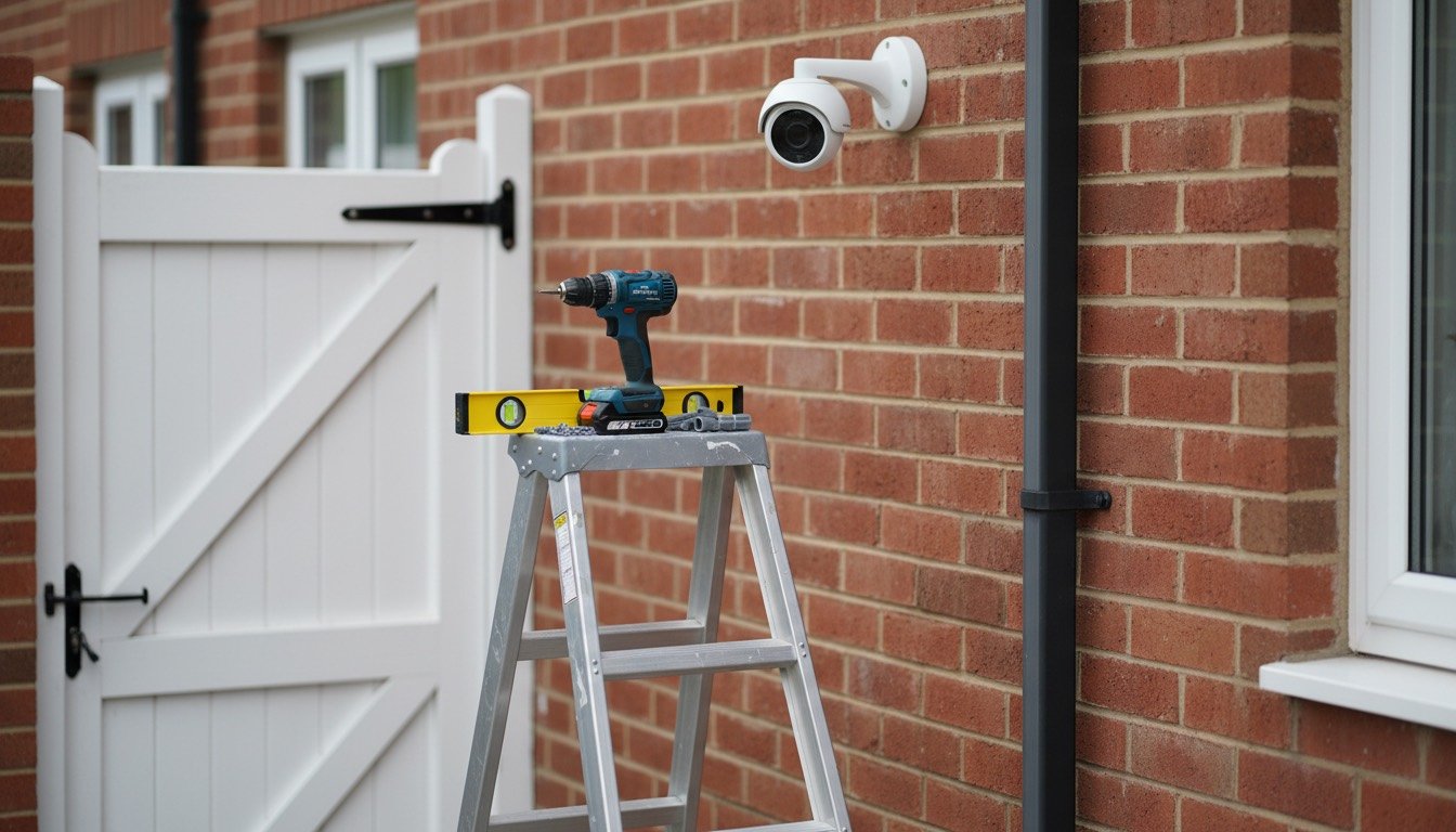 Outdoor security camera bracket being levelled against a red-brick wall beside a cordless drill, wall plugs and spirit level on a UK house exterior