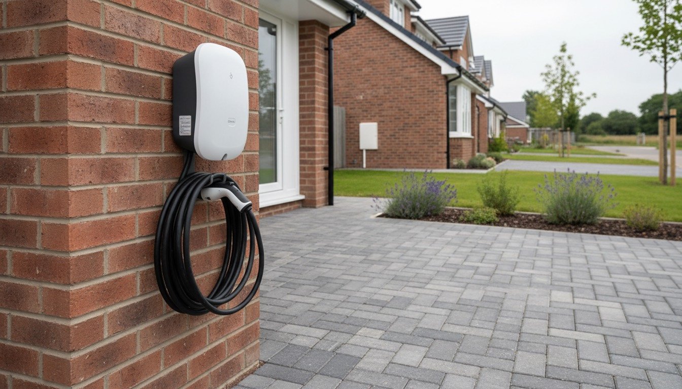 White wall-mounted EV charging unit with a coiled cable on the brick exterior wall of a UK home beside the driveway