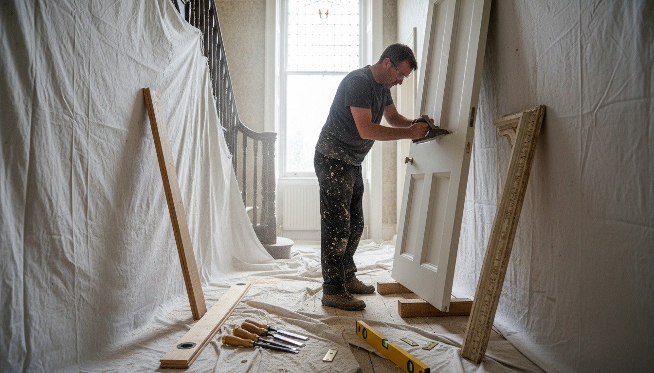 A joiner planing the edge of a white primed four-panel internal door held upright in wooden wedges in a Victorian hallway