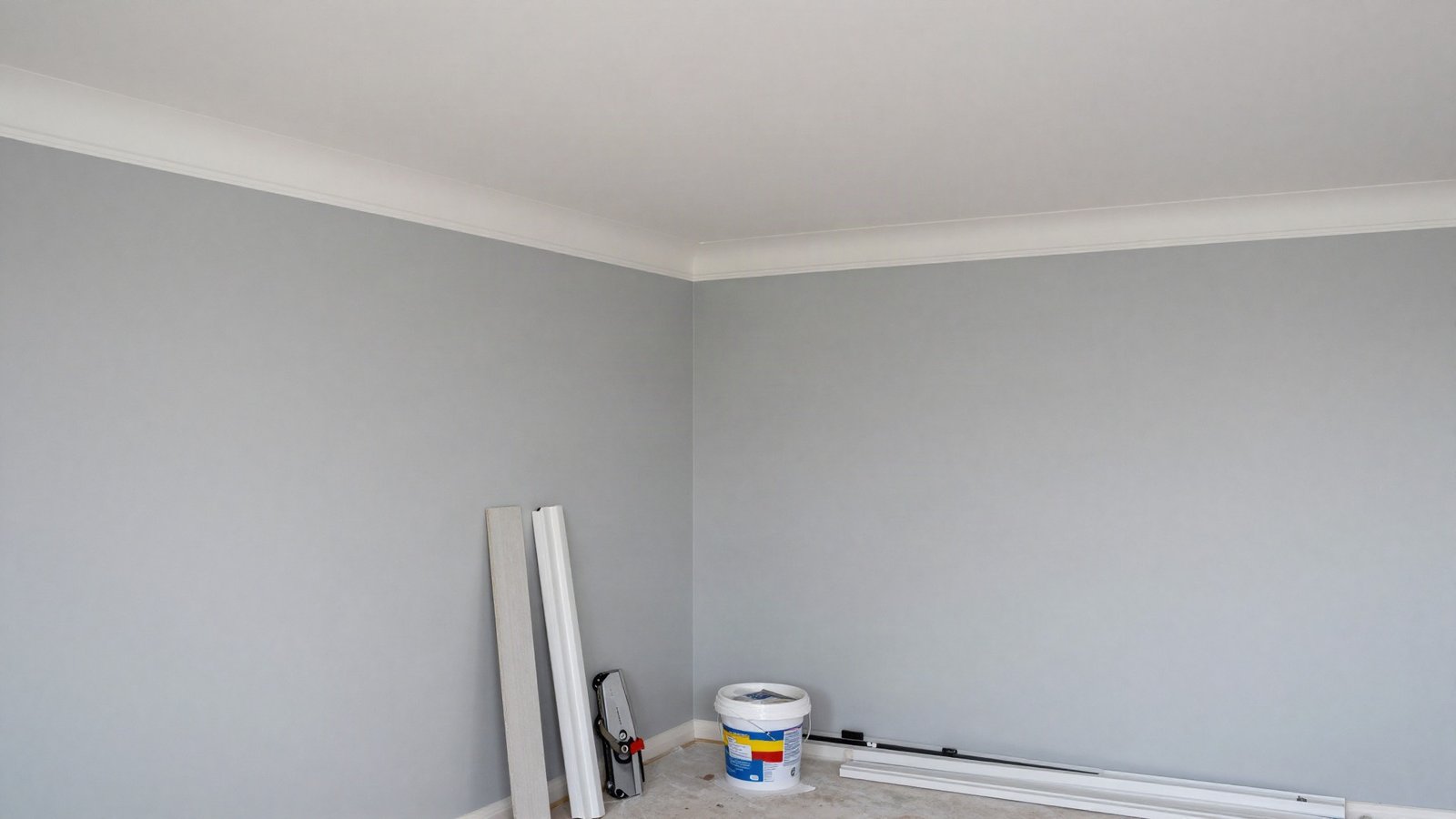 Freshly fitted white coving running along the junction of a pale grey wall and a white ceiling, with a coving mitre box, fine-tooth saw and two lengths of cove on a dust sheet below