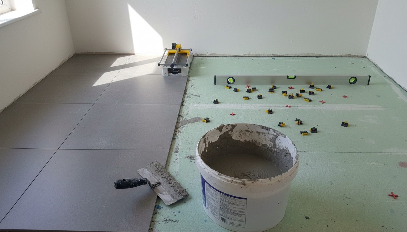 Grey porcelain floor tiles being bedded onto a primed backer board with a 12mm notched trowel and levelling clips in a UK bathroom