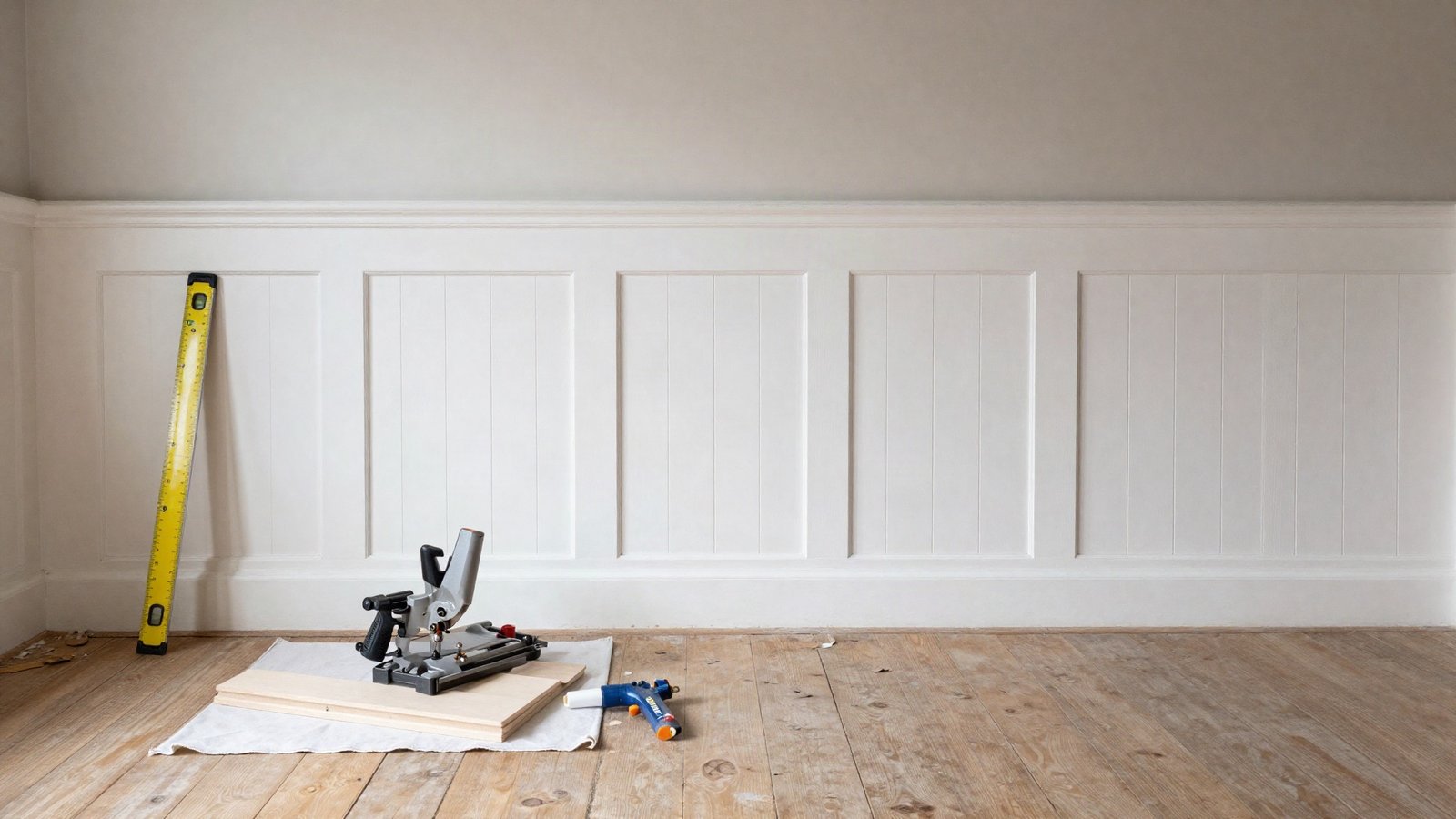 White MDF shaker wainscoting fitted to dado height in a Victorian terraced dining room, with a mitre saw and primed moulding offcuts on a dust sheet
