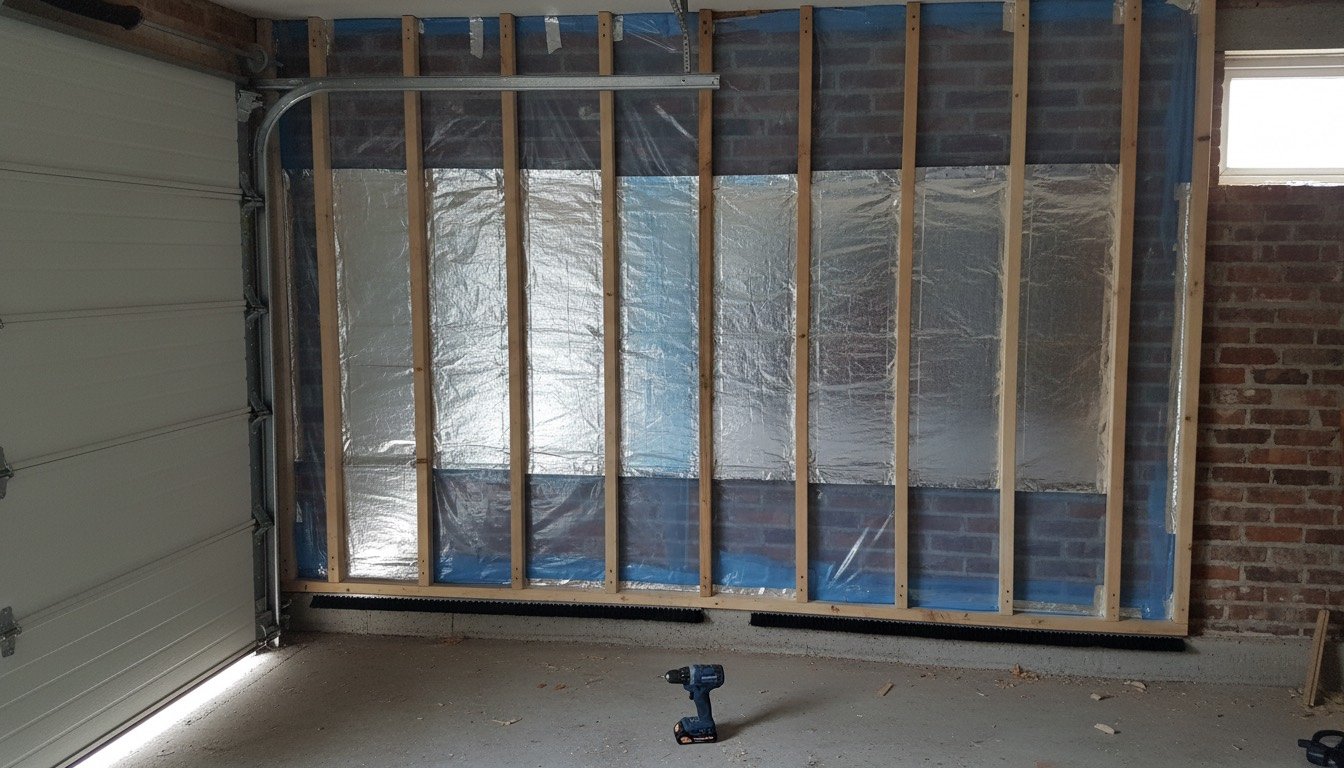 Interior of a UK single garage part-way through insulation, with treated timber battens on a single-skin brick wall and foil-faced PIR boards cut in between