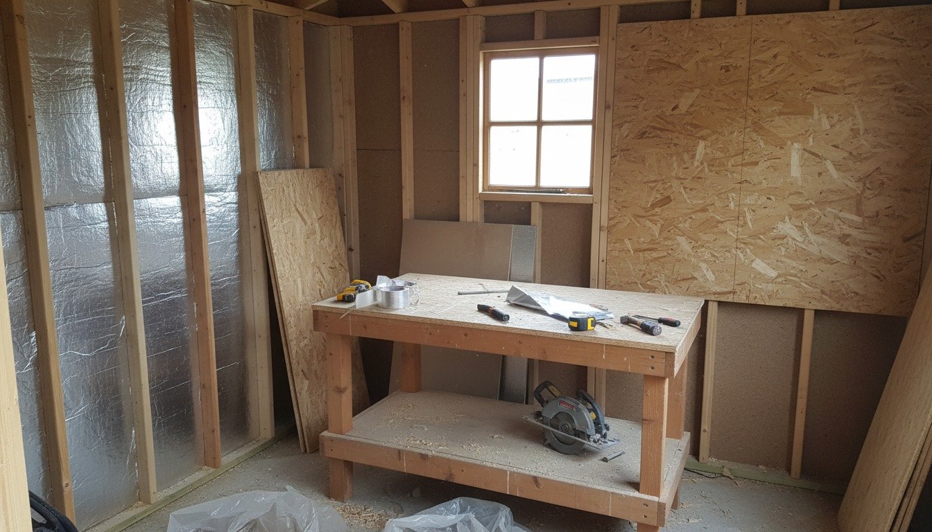 Interior of a timber garden shed part-lined with foil-faced PIR insulation board between the studs, with an OSB sheet and a saw resting against the wall