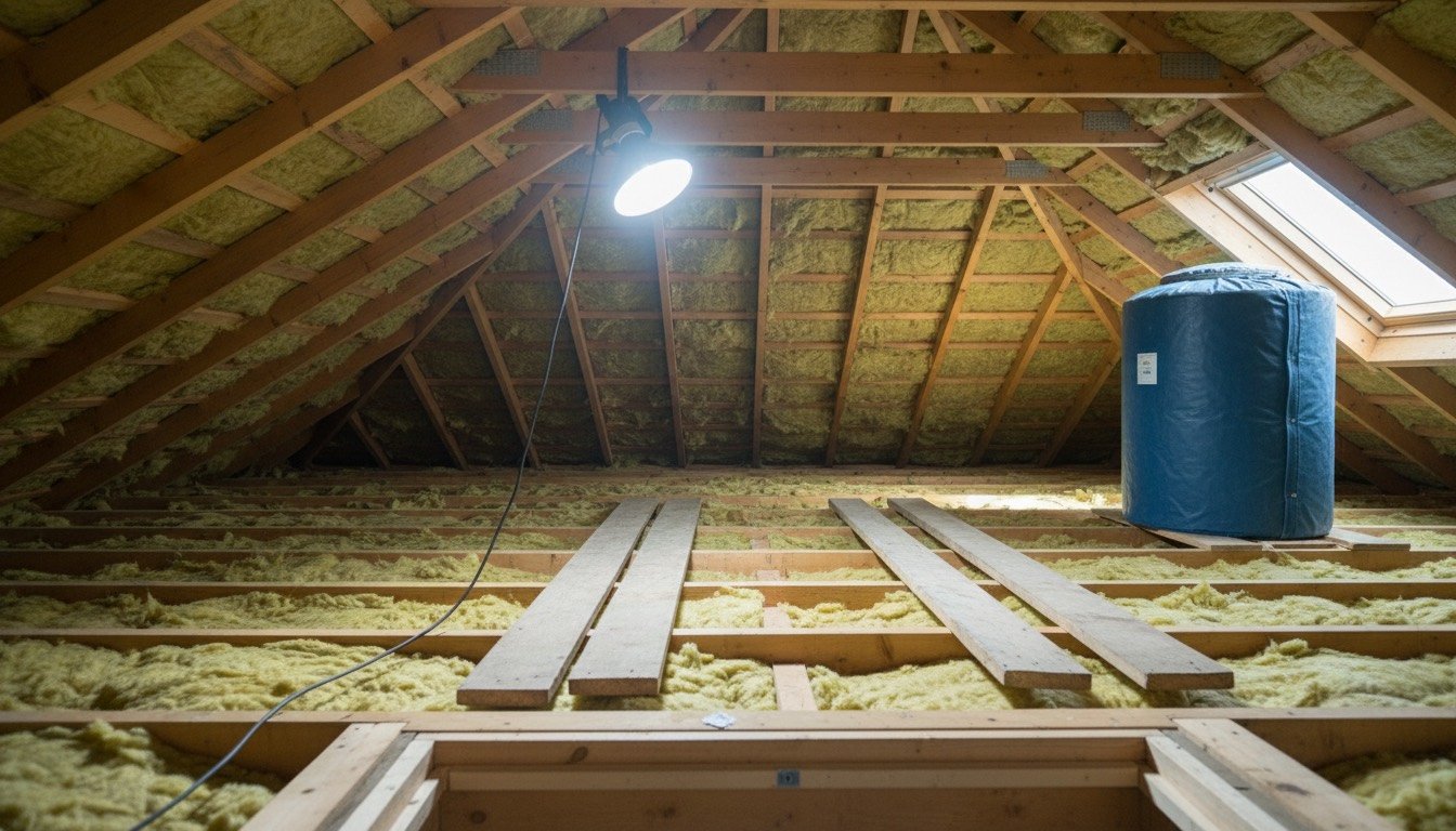 A British loft with exposed timber joists, mineral wool rolls part-laid between them, a crawl board and a clip-on work light