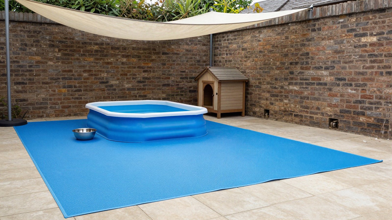 Shaded UK garden patio with a dog cooling mat, stainless steel water bowl, rigid paddling pool and a rabbit hutch under a shade sail