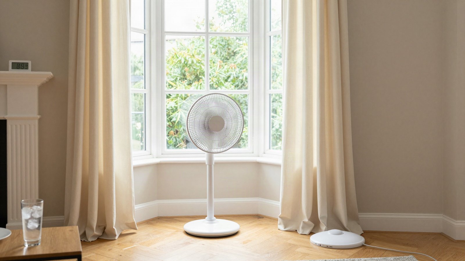 South-facing UK living room with cream blackout curtains drawn against the sun and a white pedestal fan on the wooden floor