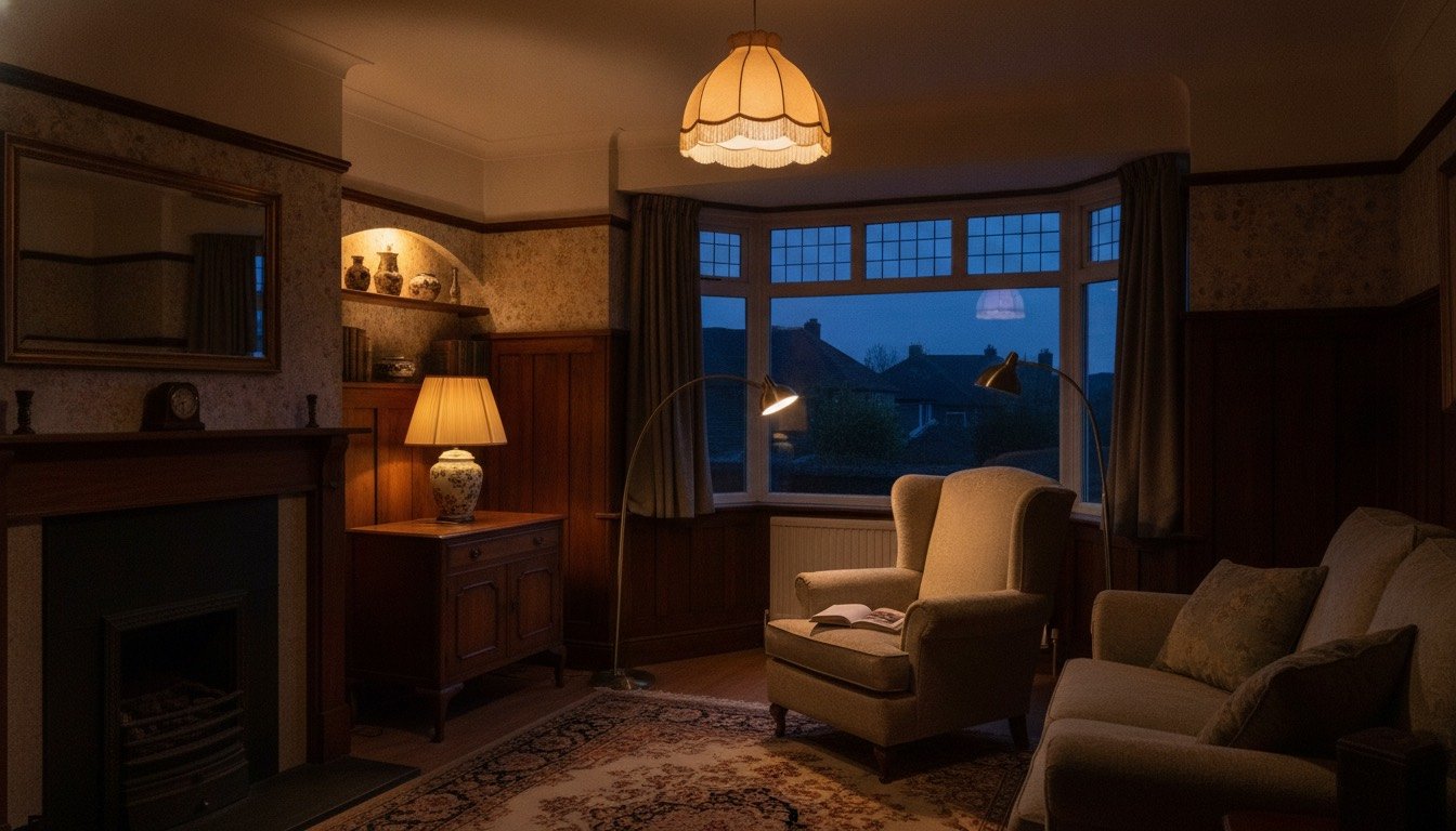 A UK living room lit by a dimmed pendant, a floor lamp beside an armchair and a warm table lamp on a sideboard, with evening light in the bay window