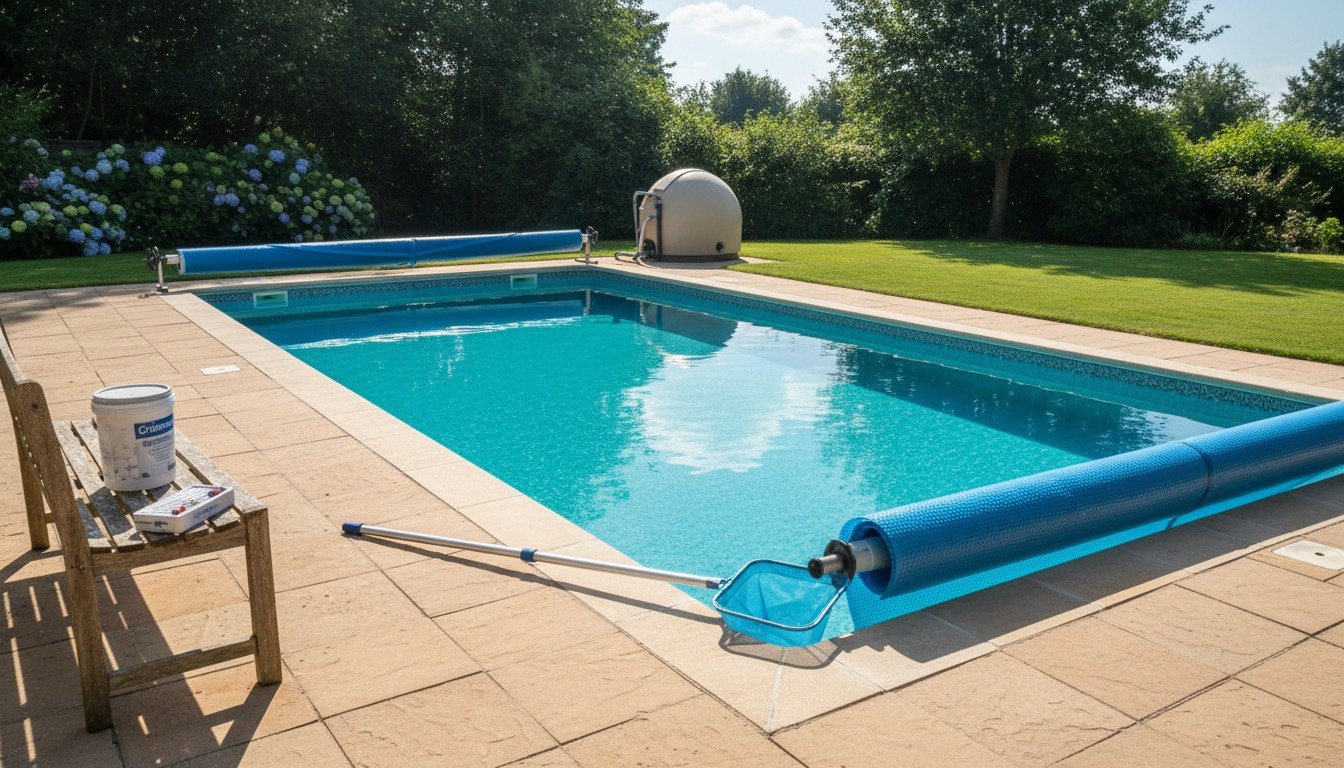 Outdoor domestic swimming pool in a British garden with a leaf skimmer net, telescopic pole and test kit on the paved surround