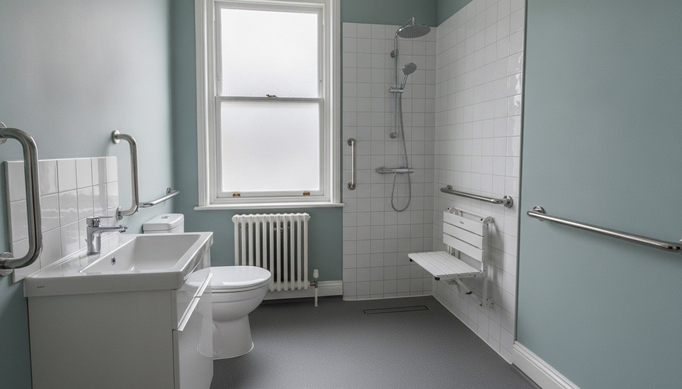 Compact period bathroom with a level-access shower area, chrome grab rails on a tiled solid wall, lever-handle basin taps and slip-resistant vinyl flooring