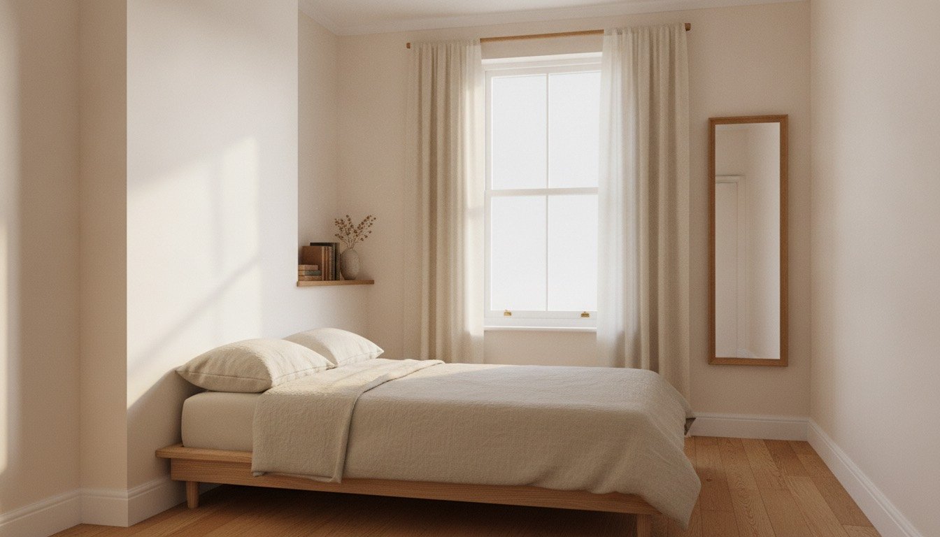 A small, light-filled UK bedroom with pale walls, a tall wall mirror beside the window and floor-to-ceiling curtains