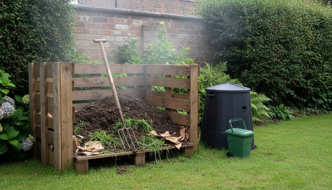 A gardener turning dark, crumbly compost with a four-tine fork in a timber pallet bay beside a black council compost bin in a British back garden