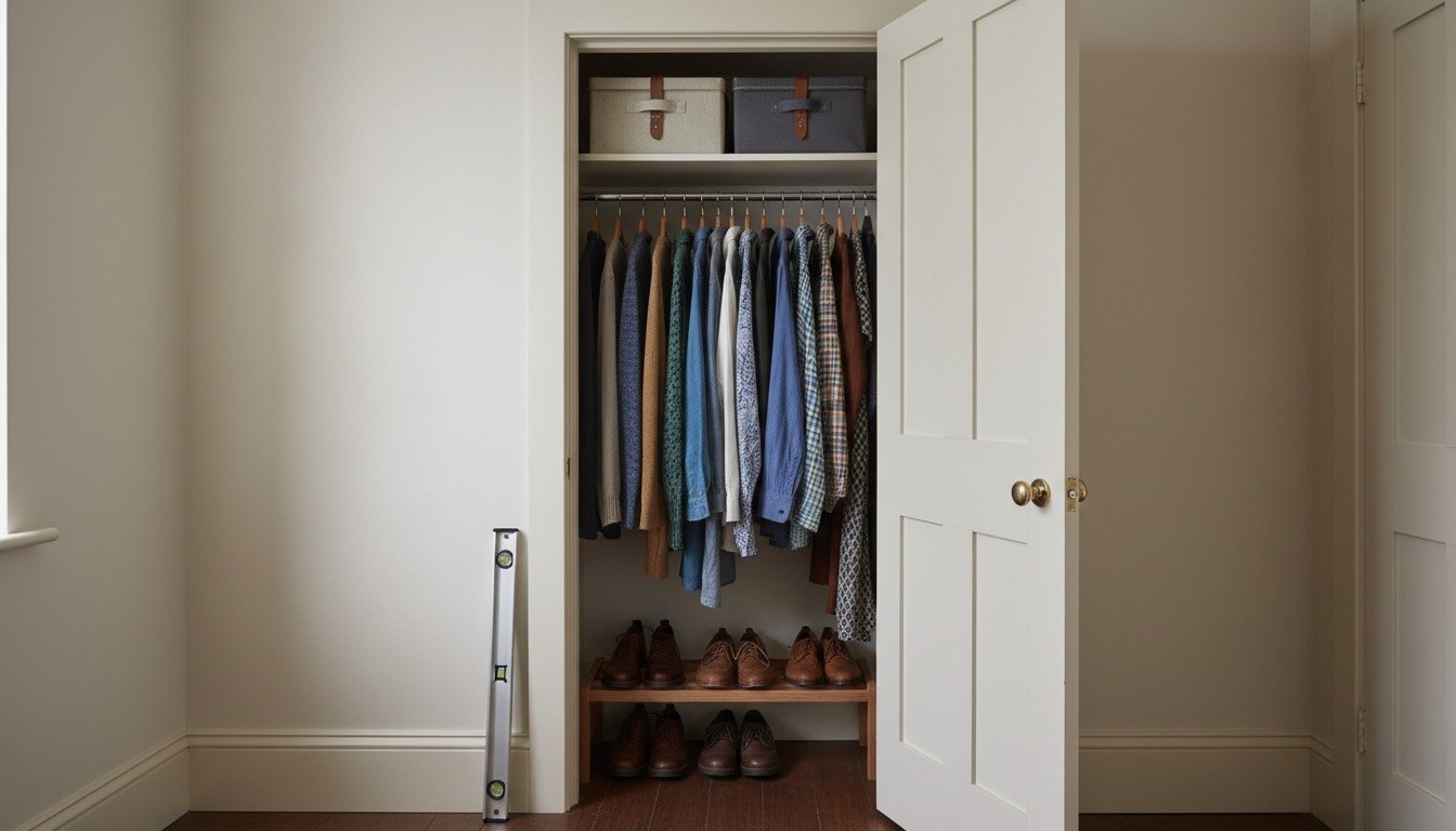 A narrow built-in bedroom cupboard in a British house fitted with a double-hung chrome rail, folded knitwear on a top shelf and lidded storage boxes