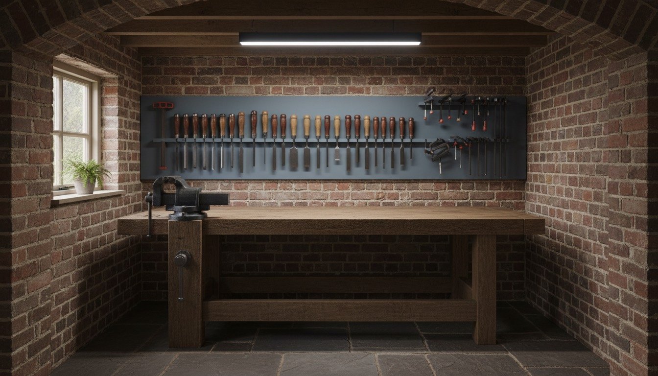 A tidy home workshop in a brick outbuilding with a timber bench, cast-iron vice and tools hung on wall rails