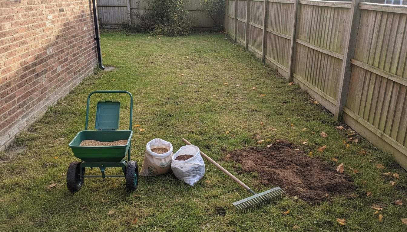 A thin, patchy British back garden lawn in early autumn with a push seed spreader, an open bag of grass seed, a spring-tine rake and a bag of sandy loam top dressing