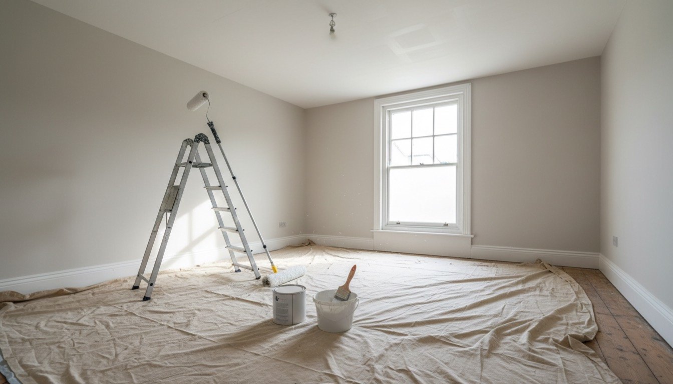 Freshly painted white ceiling in a UK bedroom with a roller on an extension pole, stepladder and cotton dust sheets over floorboards