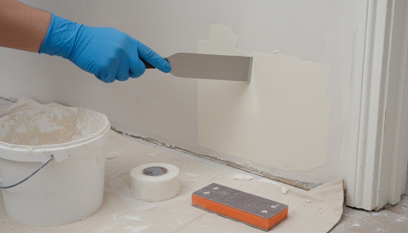 A gloved hand drawing a filling knife across a fresh filler patch on a plasterboard wall, with a repair plate and mixing bucket on a dust sheet below