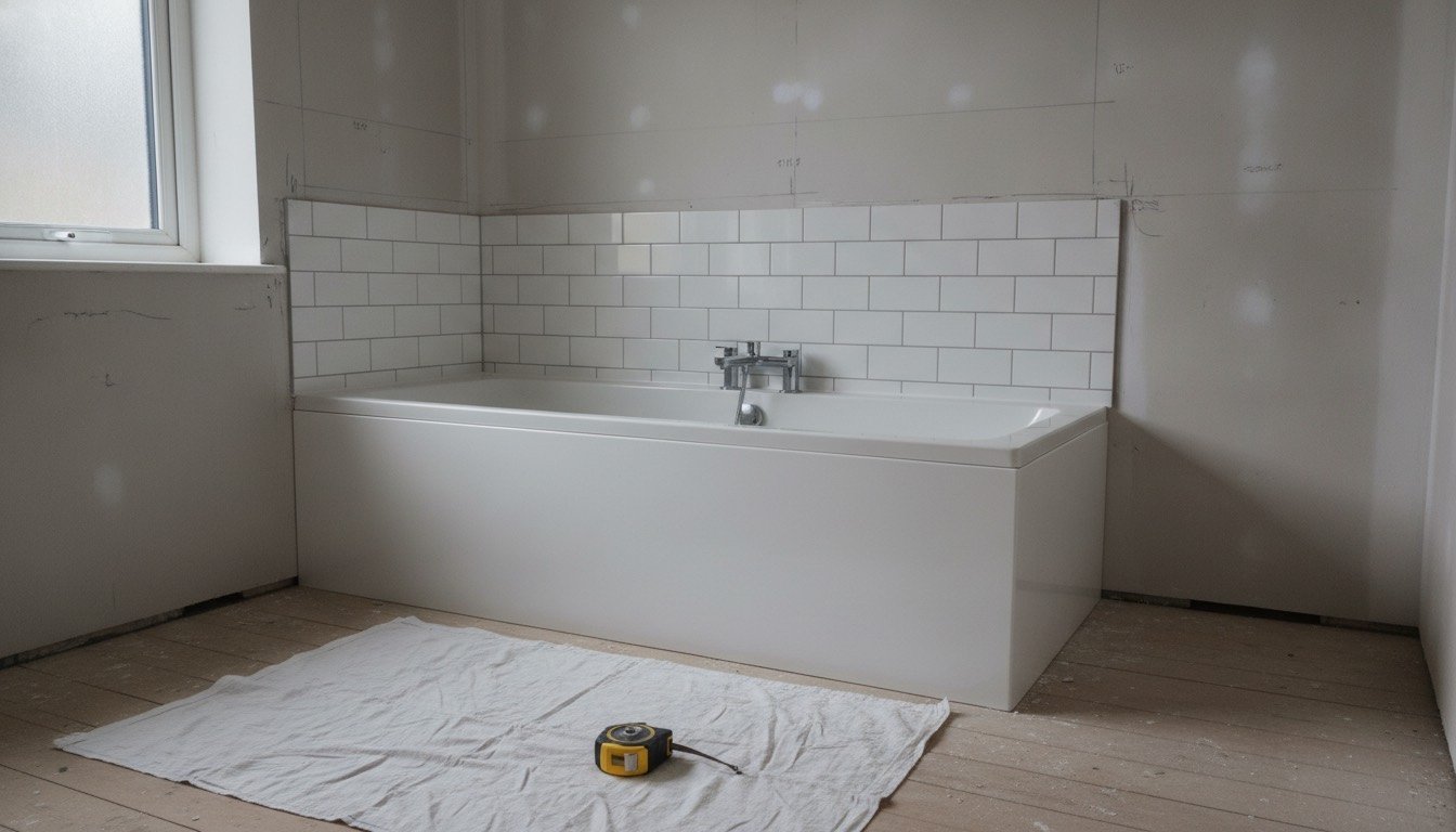 A UK bathroom mid-refit with a white bath, half-tiled walls, pencilled layout marks on bare plasterboard and a tape measure on the floor