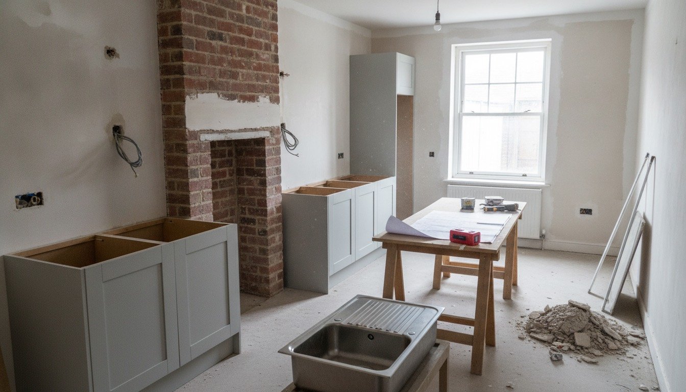A UK kitchen mid-refit with grey shaker base units fixed in place, a laminate worktop offcut on trestles and first-fix cables trailing from a chased wall