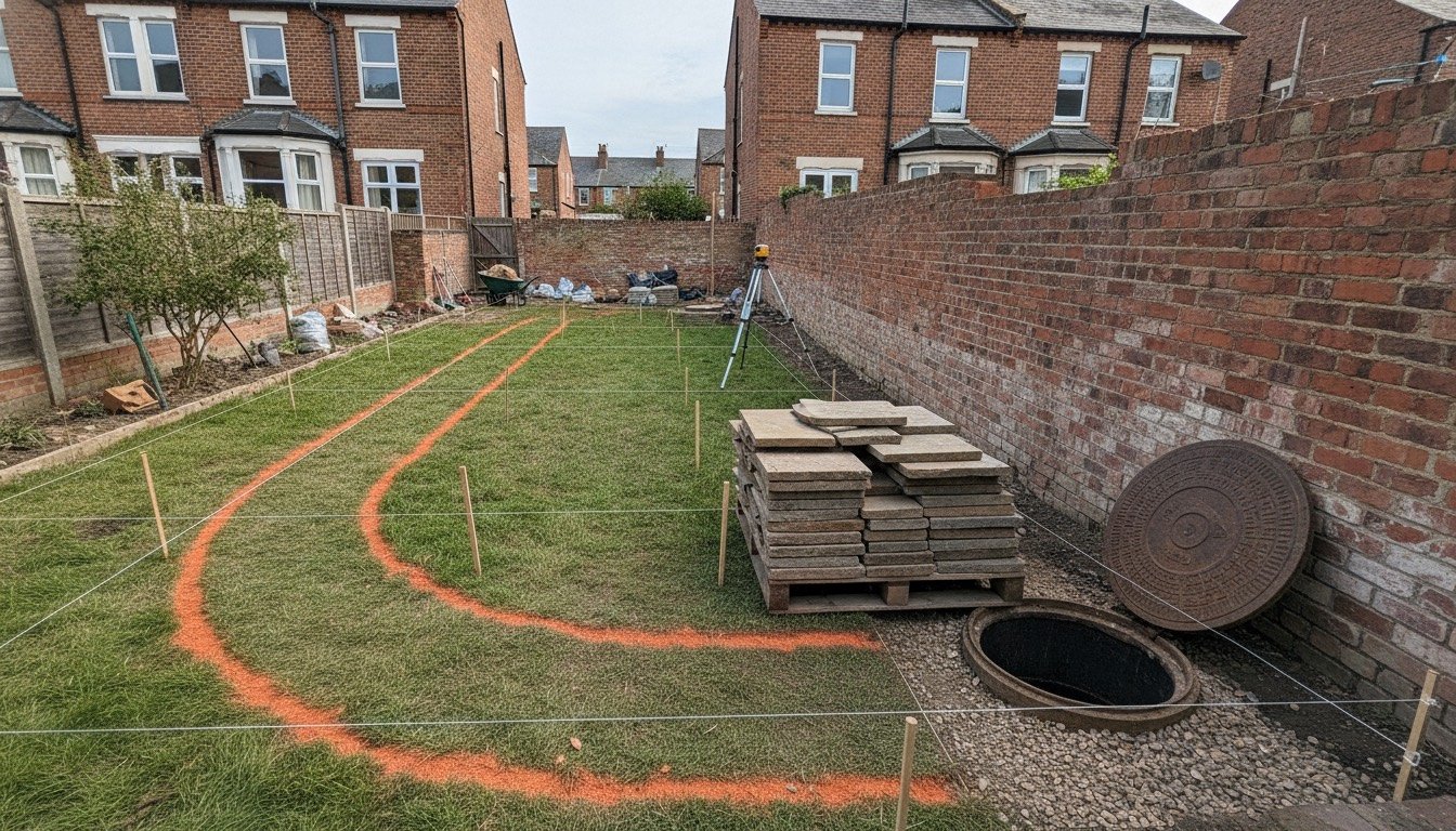 A rear garden behind a Victorian brick terrace part-way through landscaping, with marker paint lines, string levels and stacked sandstone paving on the lawn