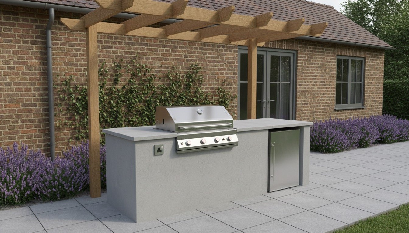 A built-in garden kitchen island with a stainless gas barbecue and porcelain worktop under a slatted oak pergola on a paved British patio