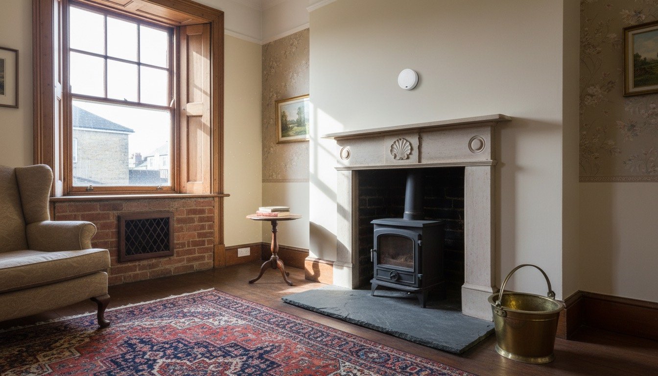 Cast-iron fireplace and wood-burning stove in a Victorian living room with a carbon monoxide alarm mounted on the chimney breast
