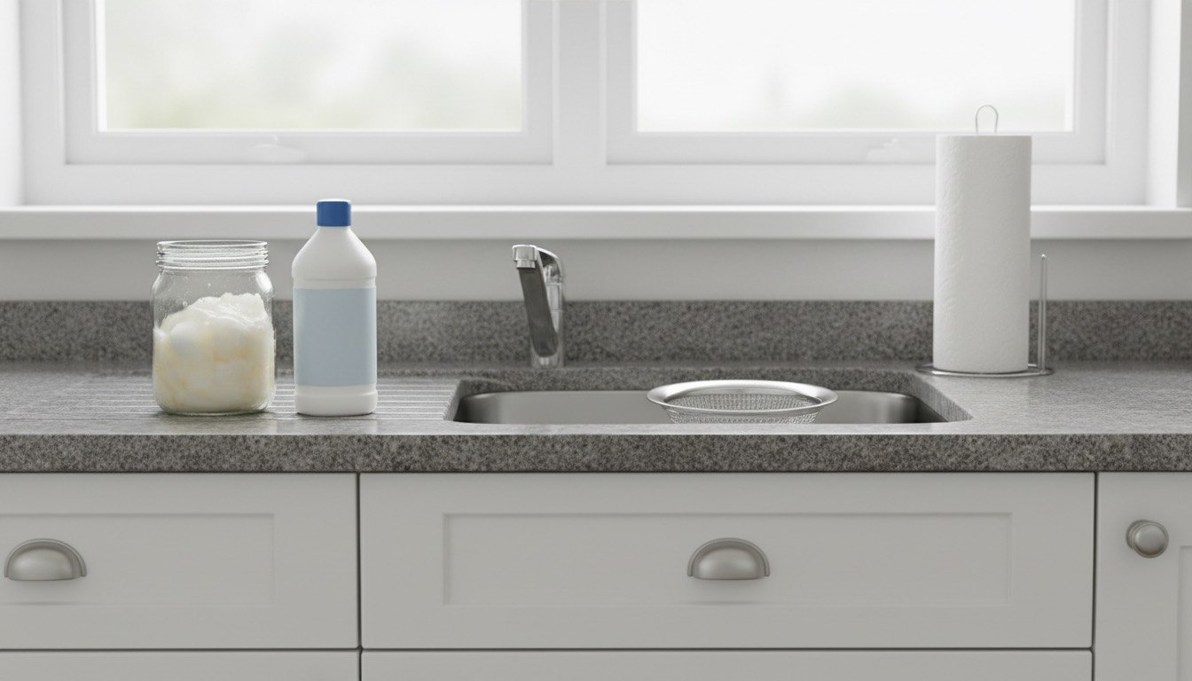 Stainless steel kitchen sink with a mesh plughole strainer, a jar of cooled cooking fat and a bottle of bio-enzyme drain treatment on the worktop