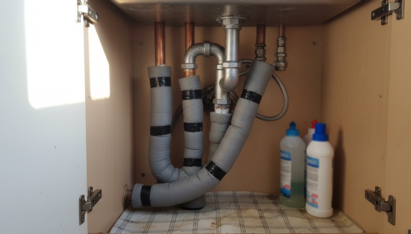 Grey foam lagging taped around copper pipes and waste fittings inside a kitchen sink cupboard, with two cleaning bottles stored alongside