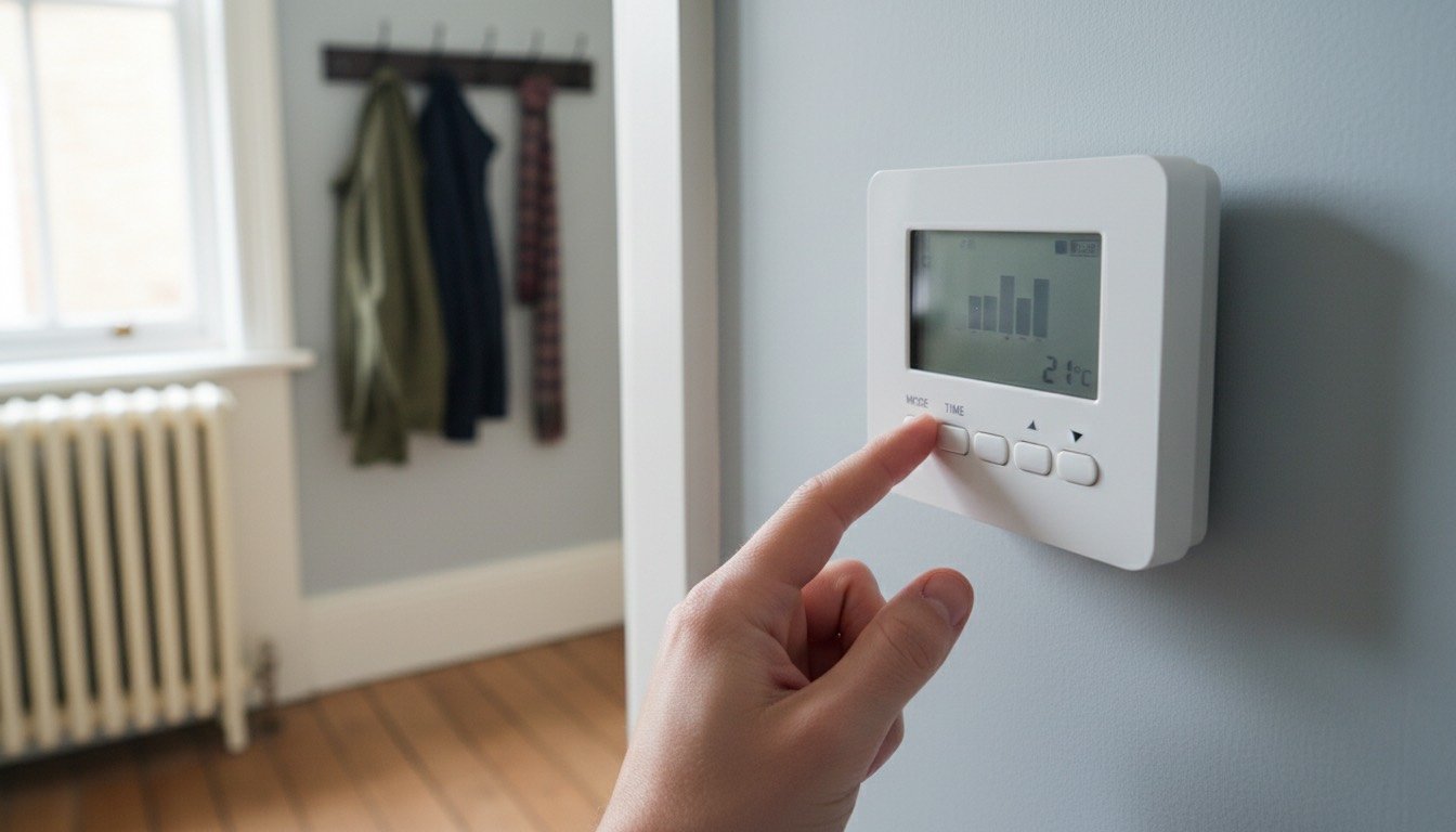 A wall-mounted programmable room thermostat in a UK hallway, with a hand pressing the schedule buttons and a radiator visible behind