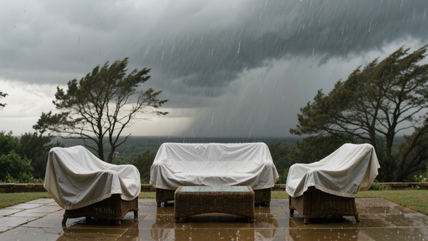 Rattan garden sofa strapped down under a fitted grey cover on a UK patio, with cushions packed into a storage box as storm clouds gather