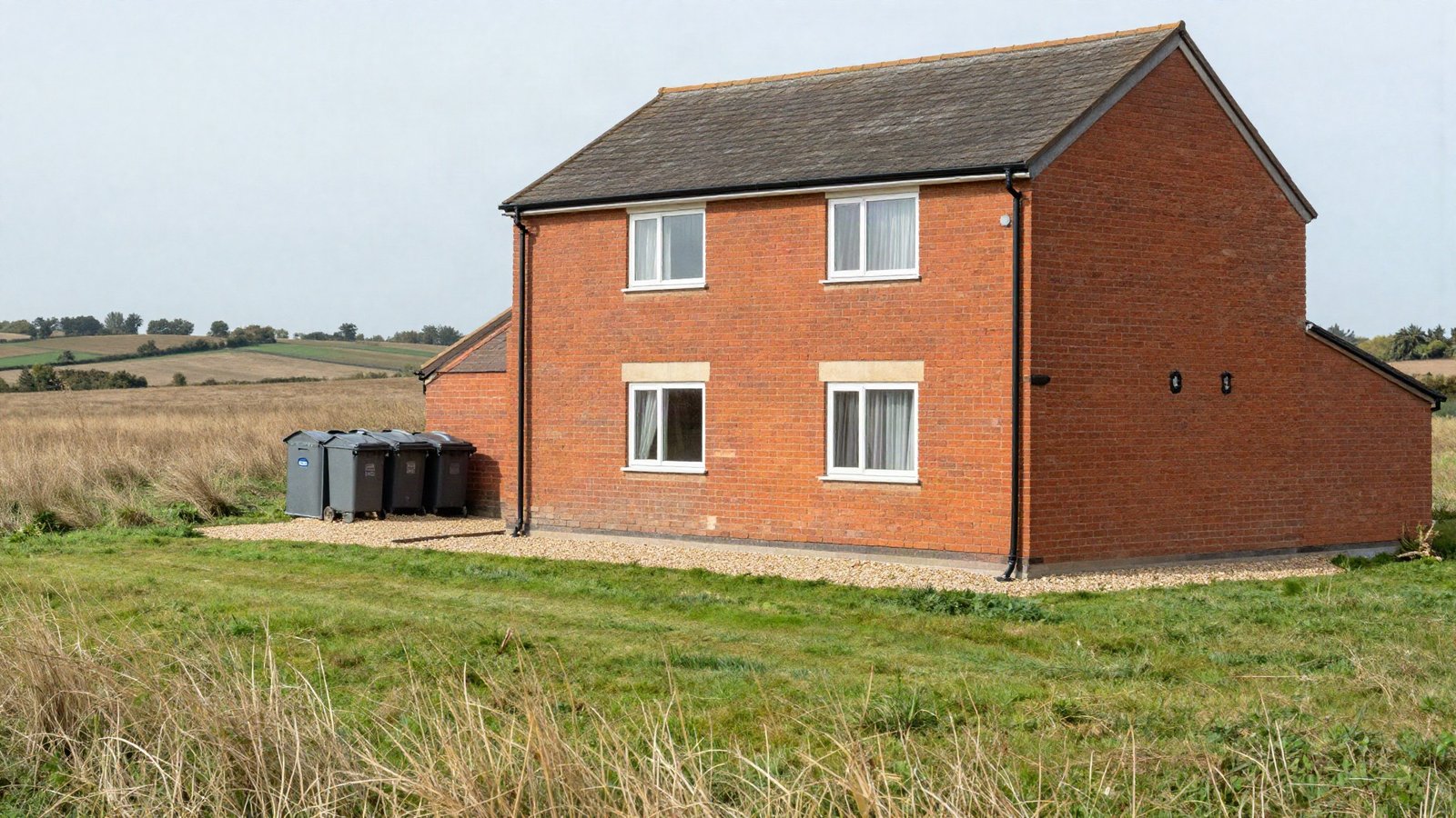 A brick British semi-detached house backing onto dry summer grassland, with a gravel strip along the wall, closely mown lawn and a metal bin store set away from the building