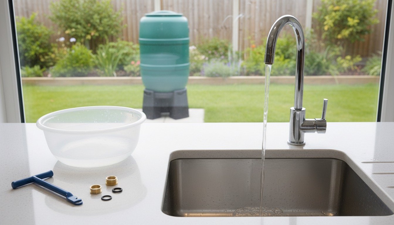 A UK kitchen tap fitted with an aerator running into a stainless steel sink, with a green water butt visible in the garden through the window