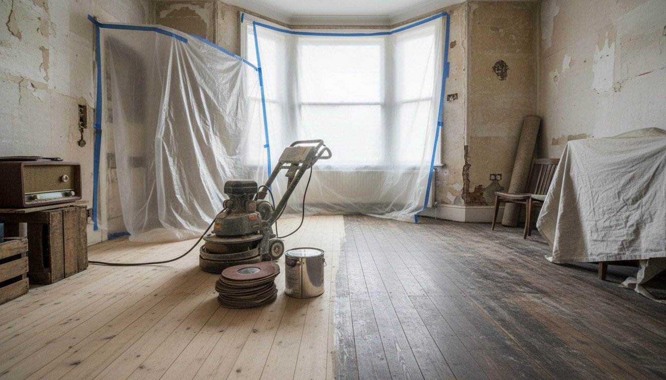 Victorian pine floorboards half sanded back to bare timber in a British living room, with a drum floor sander, abrasive sheets and a tin of floor lacquer to one side