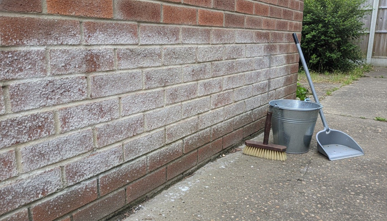 White powdery efflorescence salts blooming across the lower courses of a red brick garage wall in a British back garden
