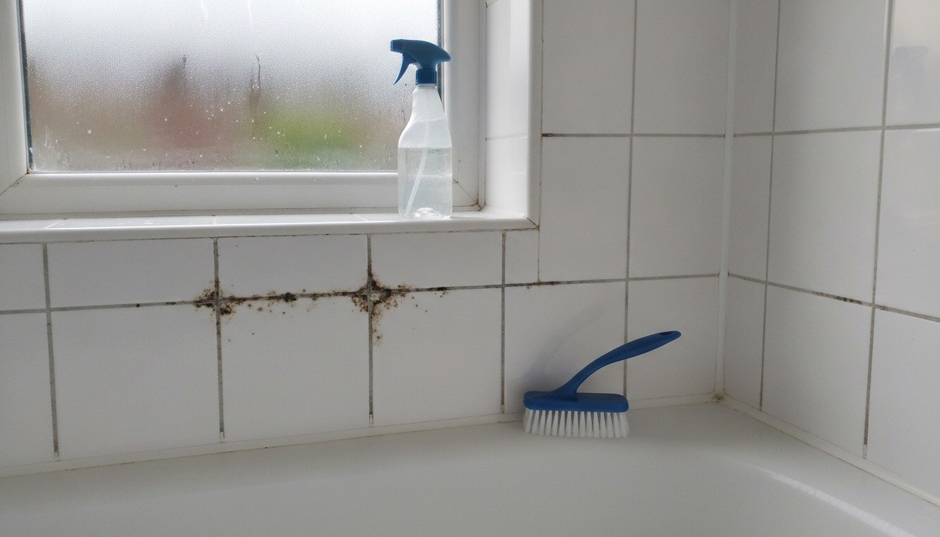 Close-up of white ceramic wall tiles in a UK shower enclosure with black mould spotting along the grout joints and a nylon grout brush resting on the bath edge