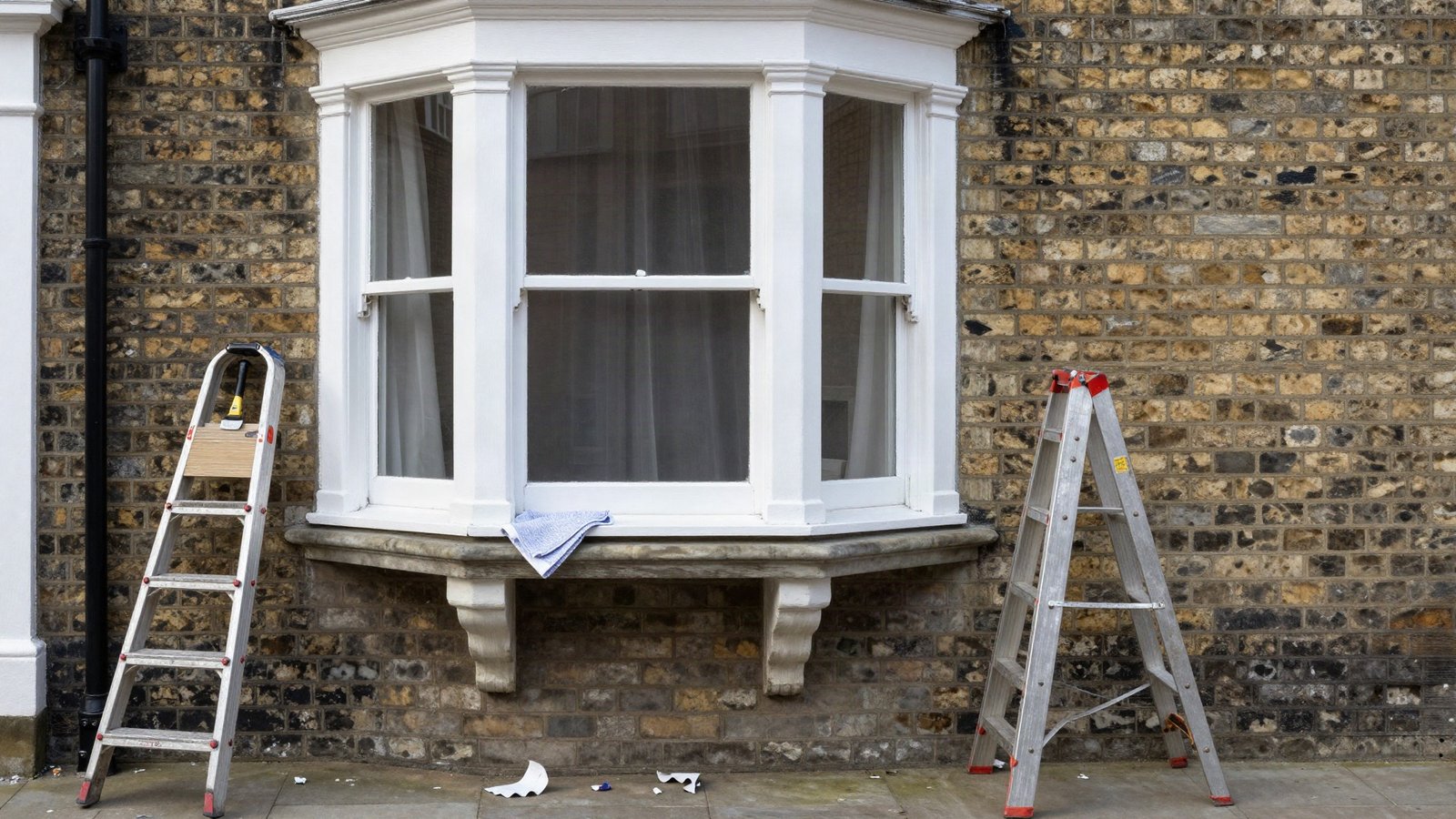 Flaking white gloss paint on the timber sash window frames of a Victorian terraced house, with a carbide scraper and dust sheet below