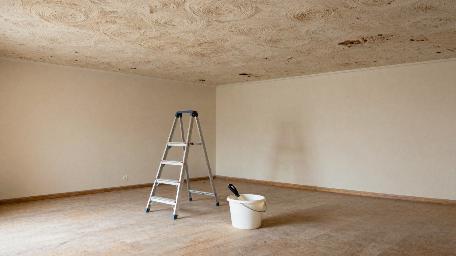 A partly stripped textured Artex ceiling in an empty British living room, with dust sheets, a stepladder and a stripping knife