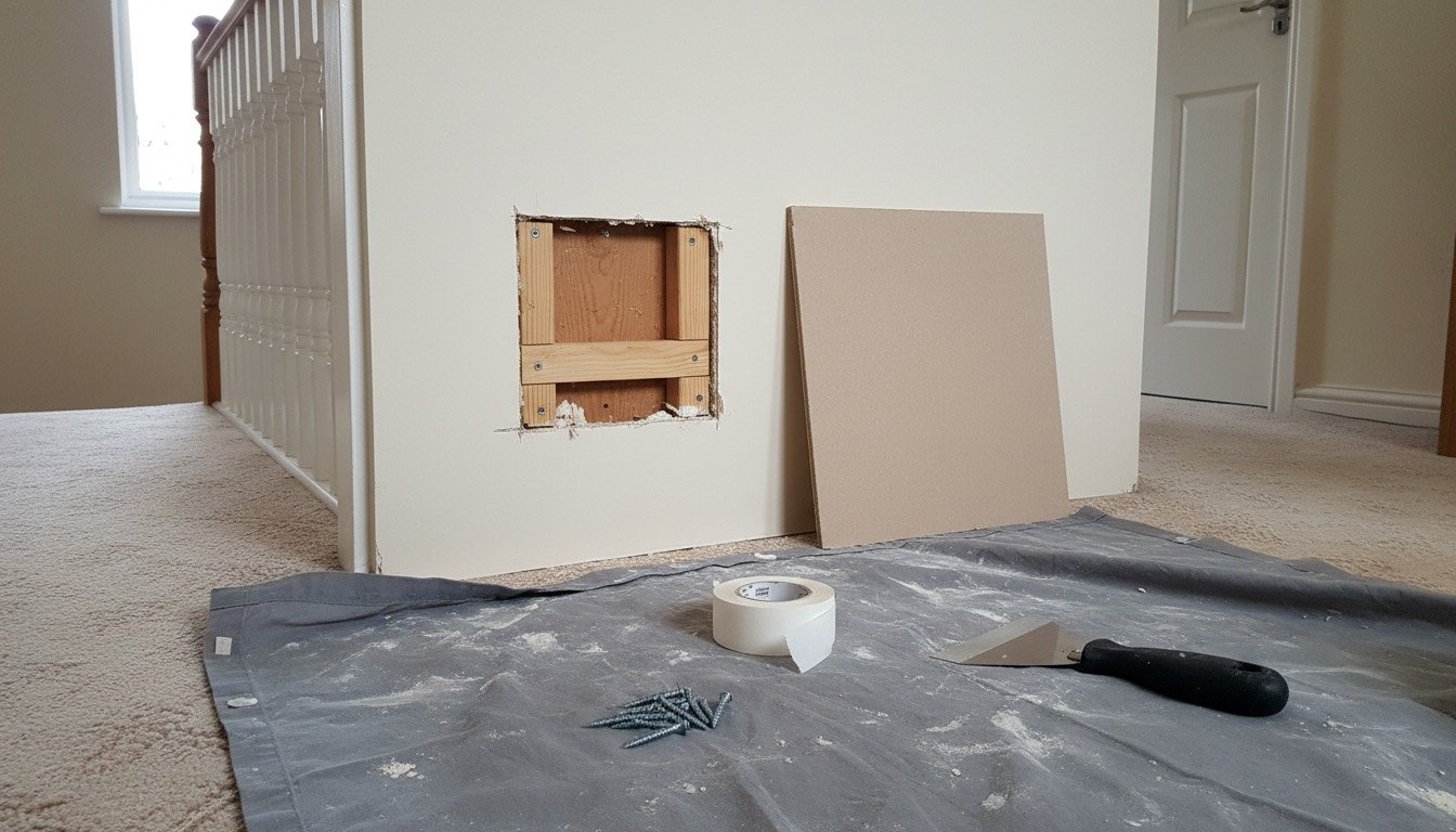 A square-cut hole in a plasterboard partition wall with timber battens screwed inside the void, a cut patch piece and a taping knife resting on a dust sheet below