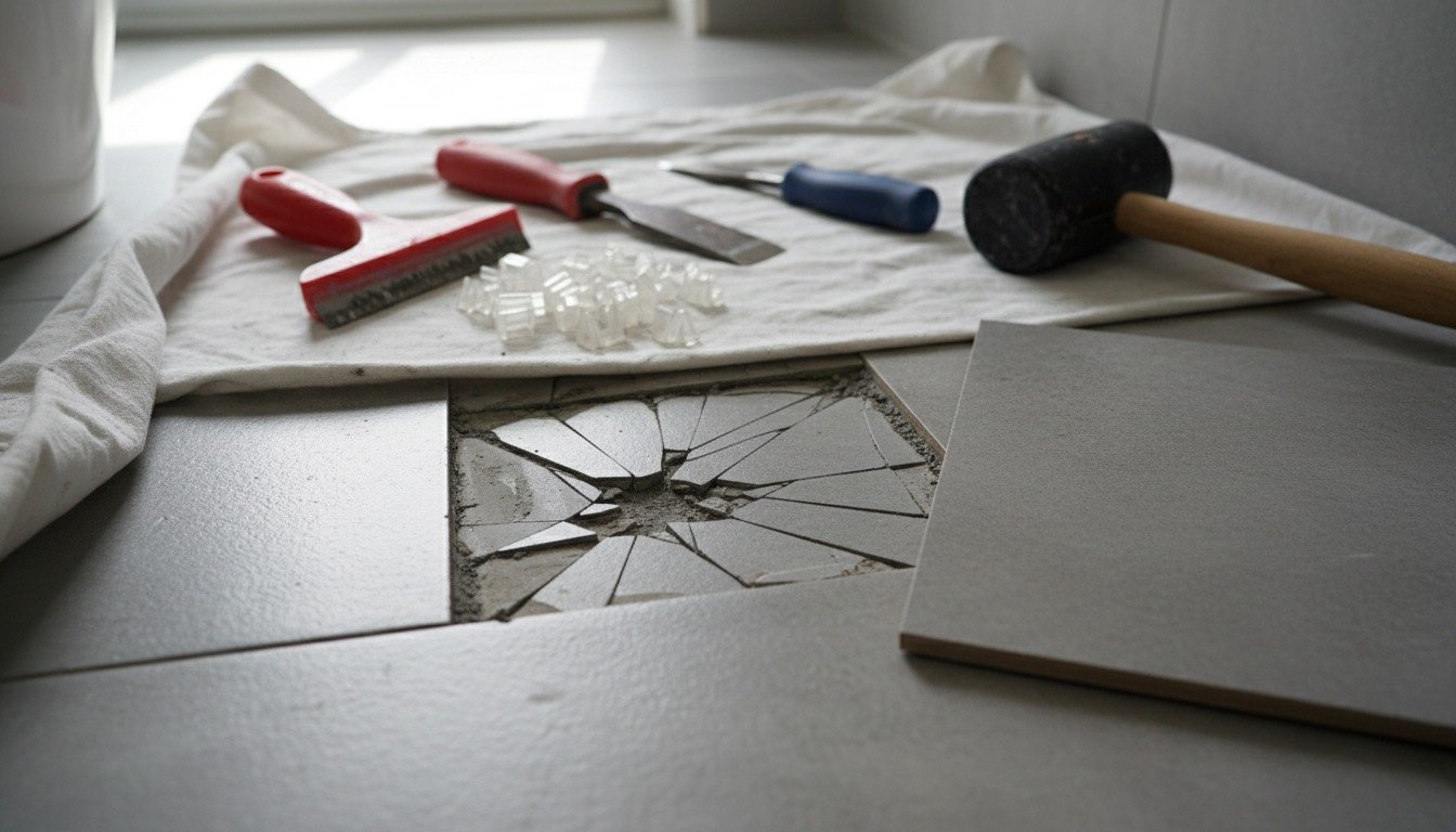 A cracked grey porcelain floor tile in a UK bathroom with a grout rake, cold chisel and replacement tile laid beside it
