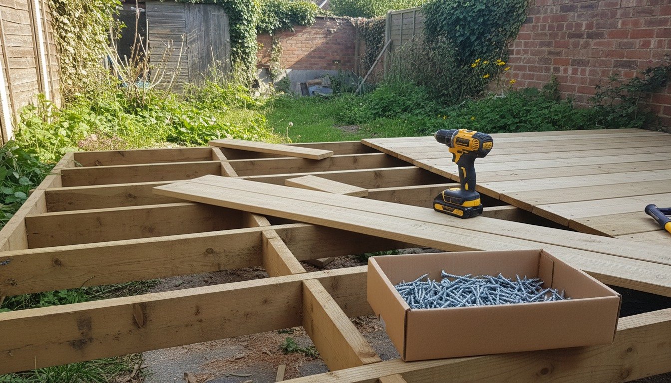Treated softwood deck boards being replaced on a UK garden deck, with exposed joists, a cordless drill and stainless decking screws laid out on the frame