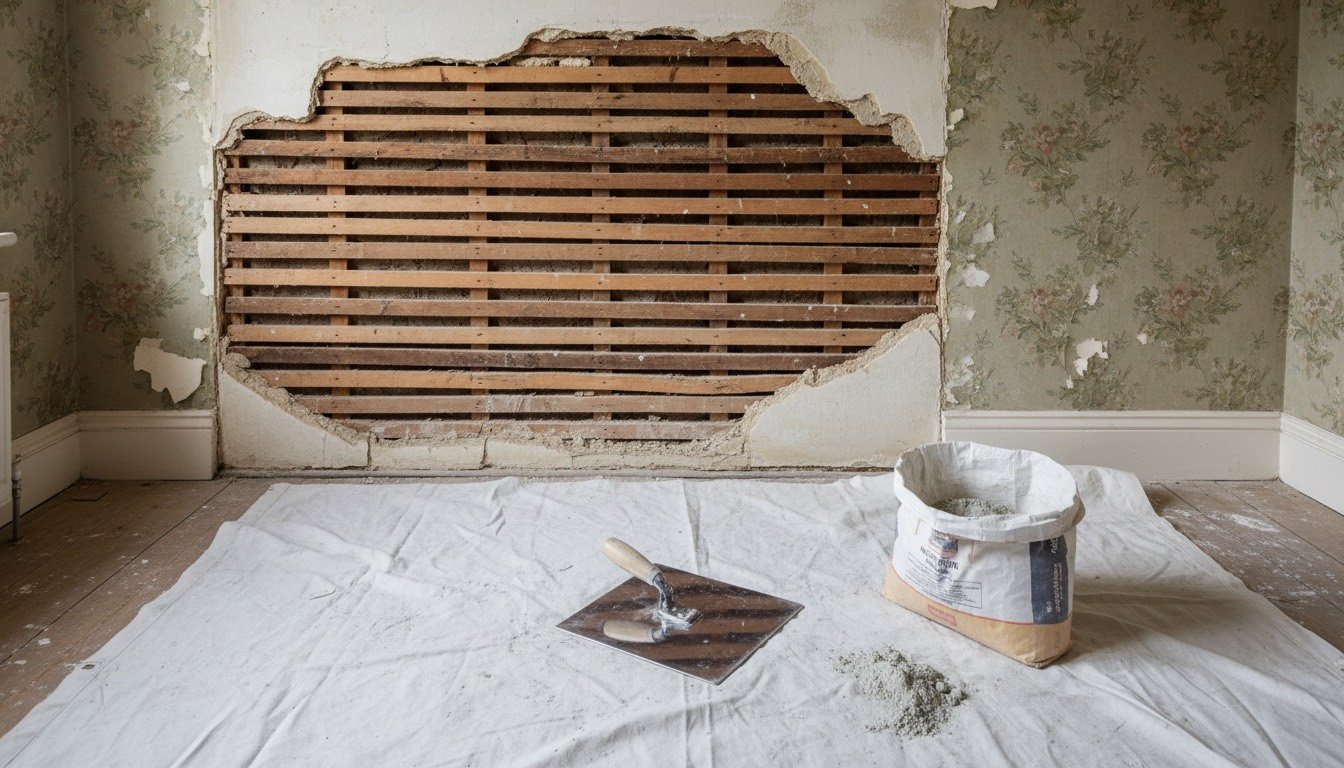 A section of Victorian lath and plaster wall cut back to expose riven timber laths, with a plasterer's trowel and hawk resting on dust sheets below