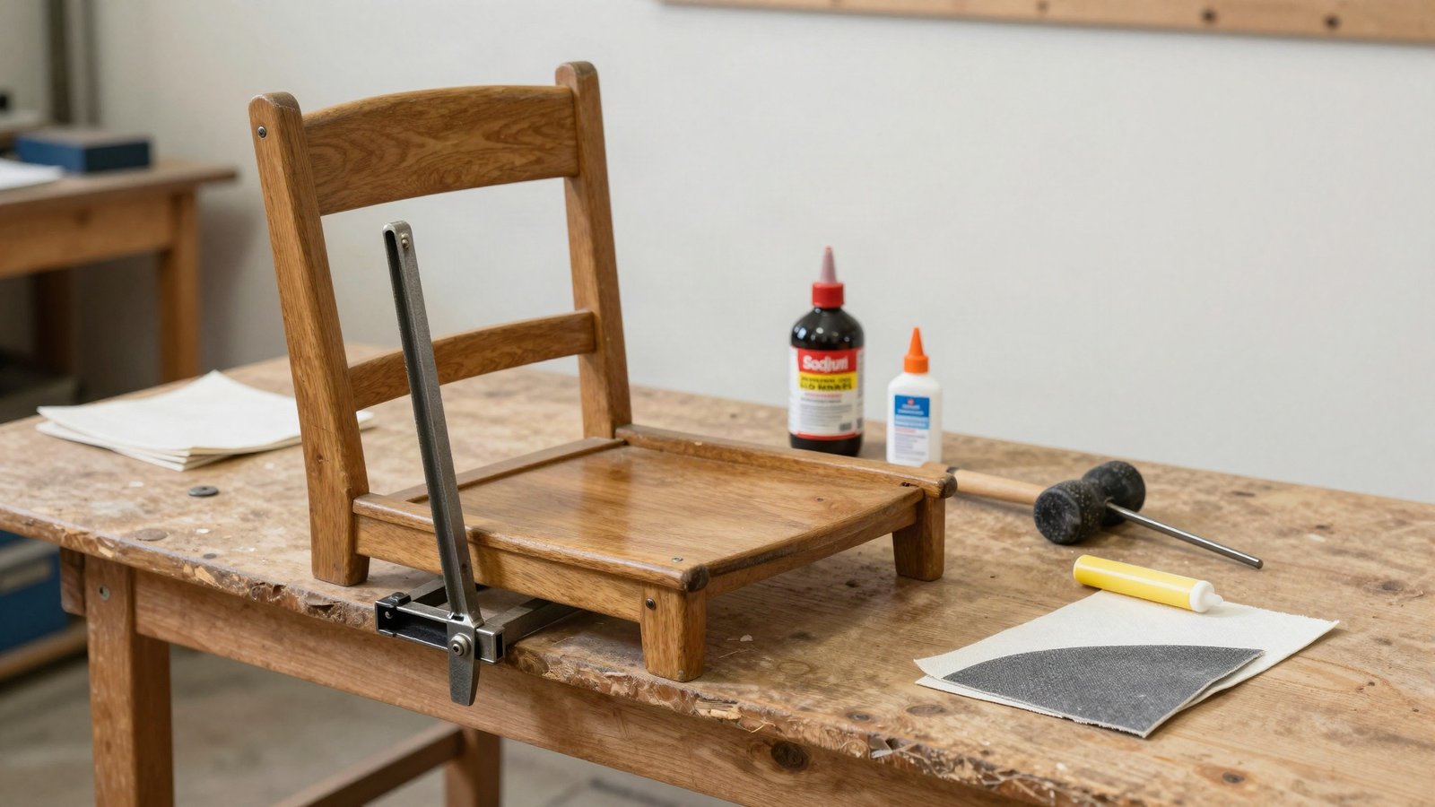 A dismantled oak dining chair on a workbench with sash clamps, a bottle of wood glue, wax filler sticks and abrasive paper