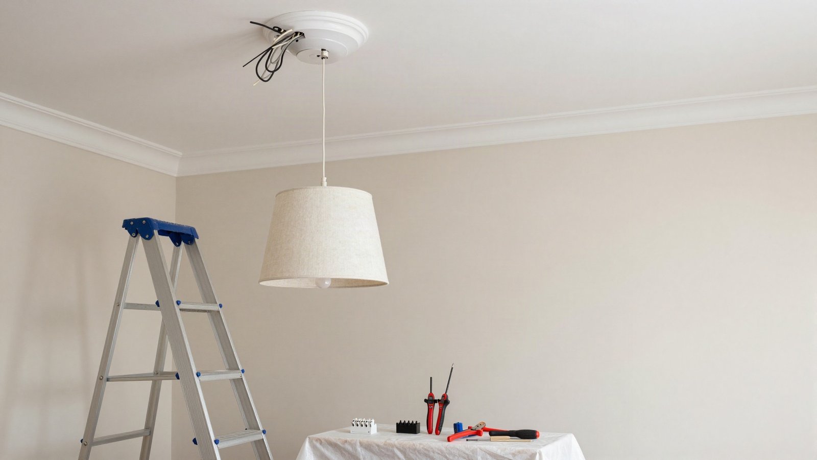 A pendant light fitting and open ceiling rose in a UK living room, with a voltage tester, screwdriver and terminal block on a dust sheet below