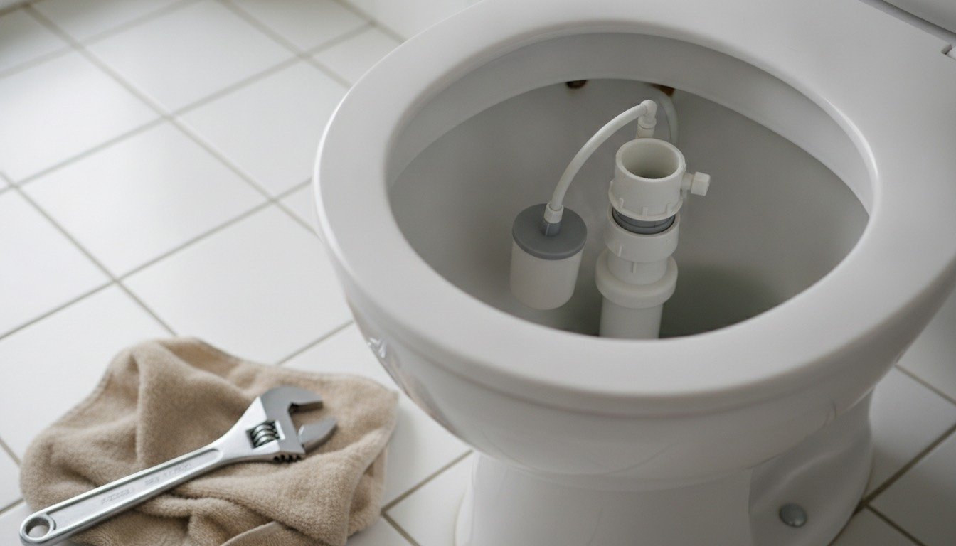 Open toilet cistern showing a plastic bottom-entry fill valve, float cup and overflow tube, with an adjustable spanner resting on the closed lid